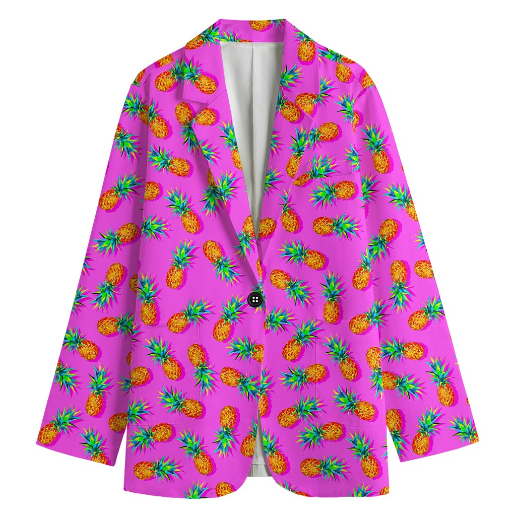Hot Pink Pineapple Pattern Print Women's Cotton Blazer