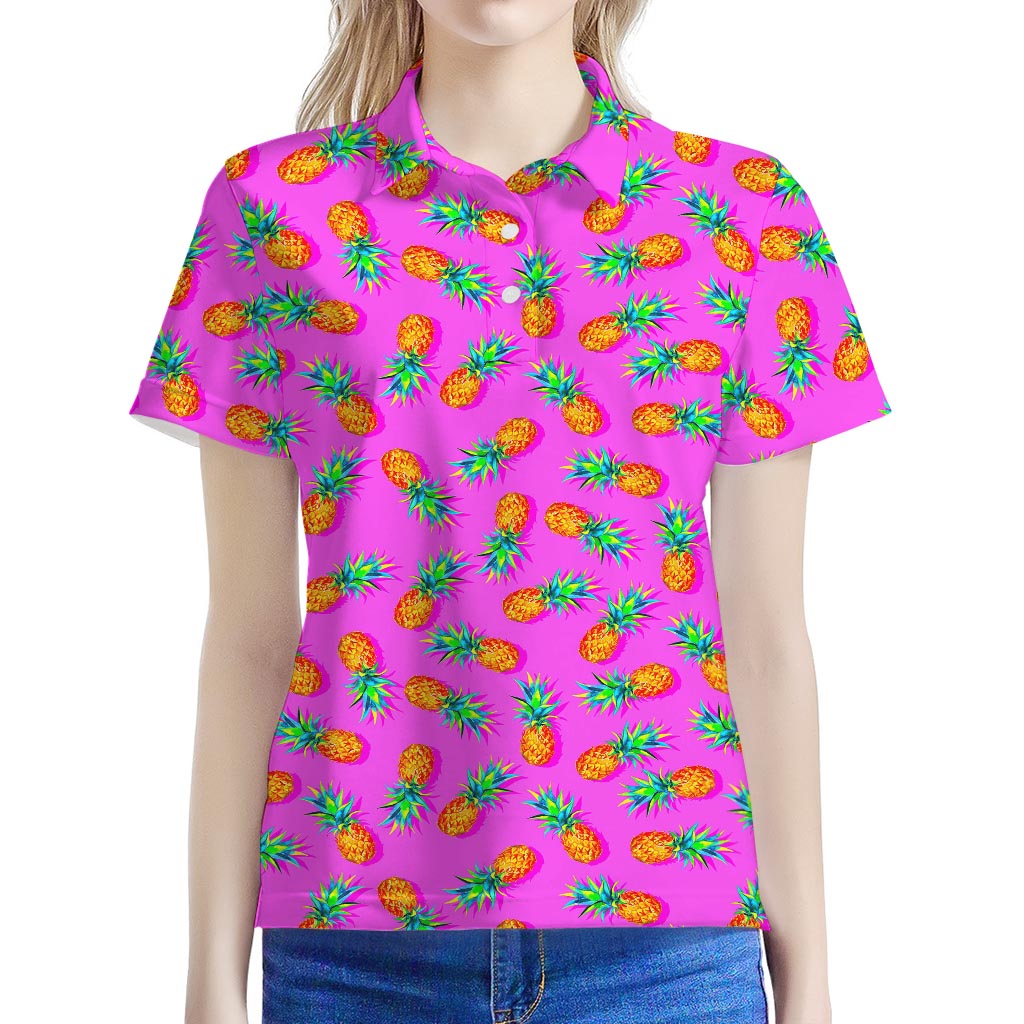 Hot Pink Pineapple Pattern Print Women's Polo Shirt