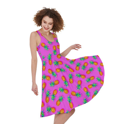 Hot Pink Pineapple Pattern Print Women's Sleeveless Dress