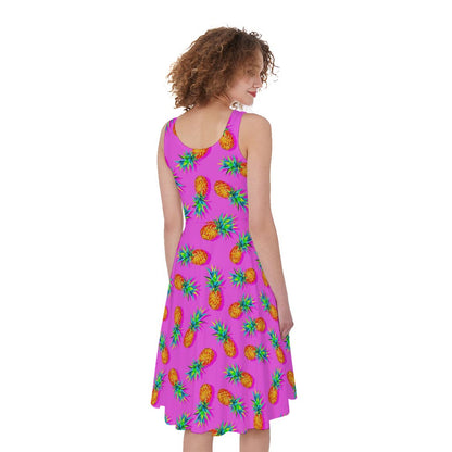 Hot Pink Pineapple Pattern Print Women's Sleeveless Dress