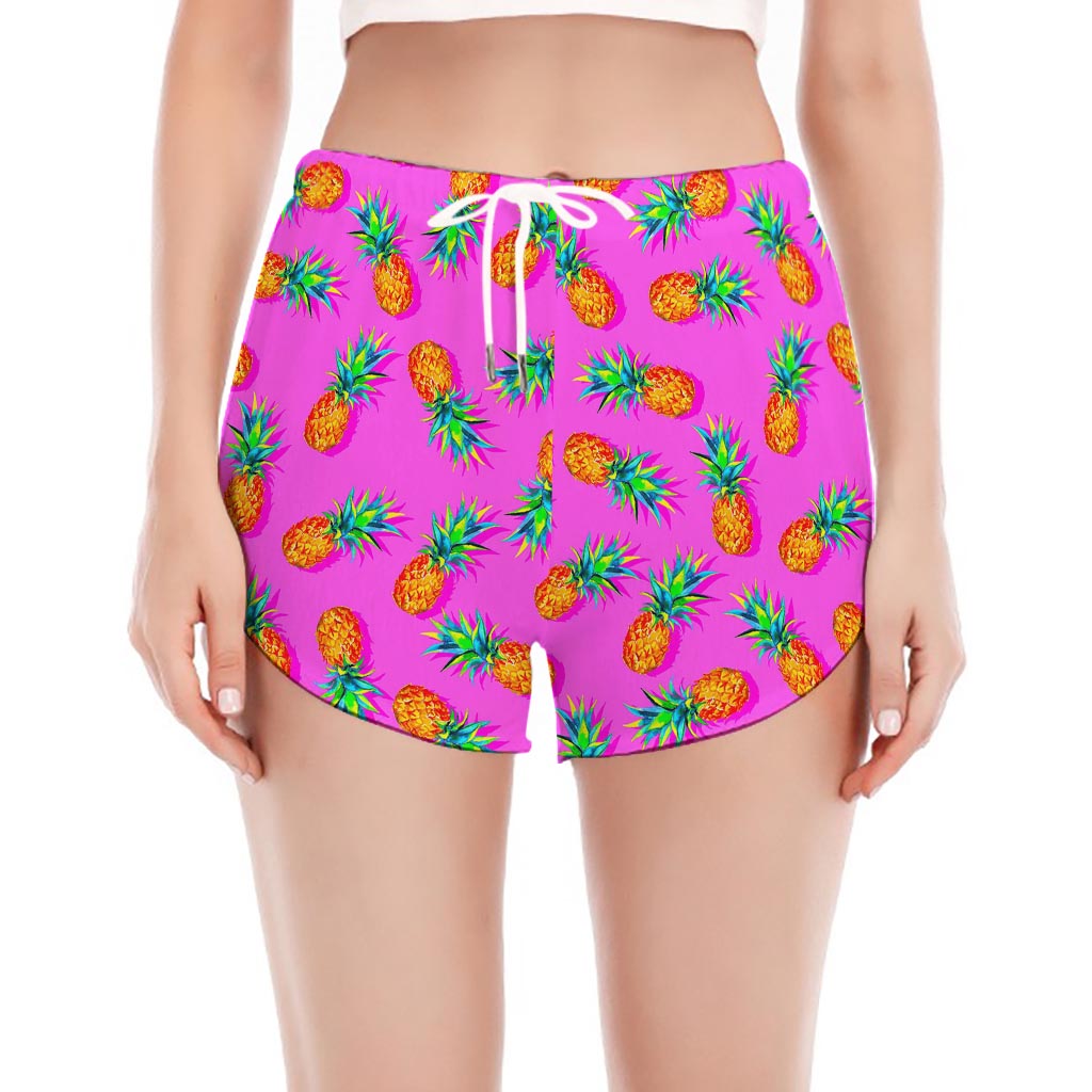 Hot Pink Pineapple Pattern Print Women's Split Running Shorts
