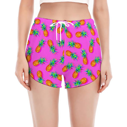 Hot Pink Pineapple Pattern Print Women's Split Running Shorts
