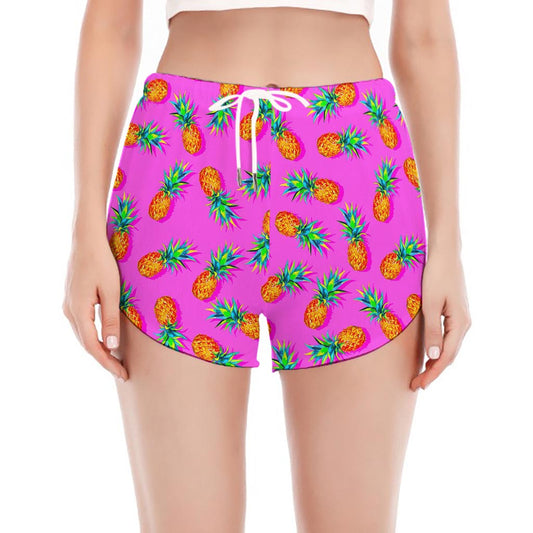 Hot Pink Pineapple Pattern Print Women's Split Running Shorts