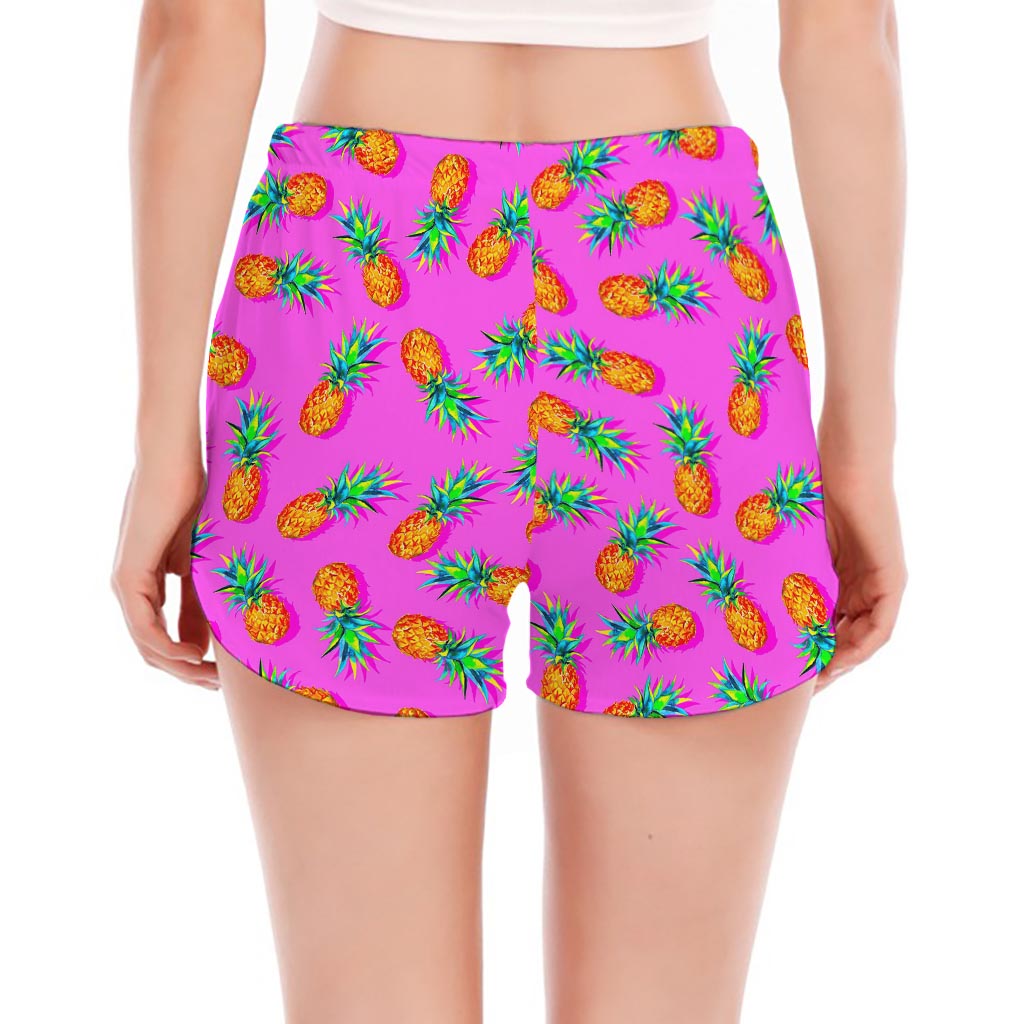 Hot Pink Pineapple Pattern Print Women's Split Running Shorts