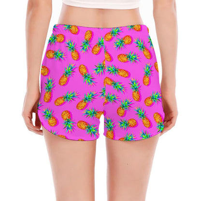 Hot Pink Pineapple Pattern Print Women's Split Running Shorts
