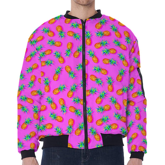 Hot Pink Pineapple Pattern Print Zip Sleeve Bomber Jacket