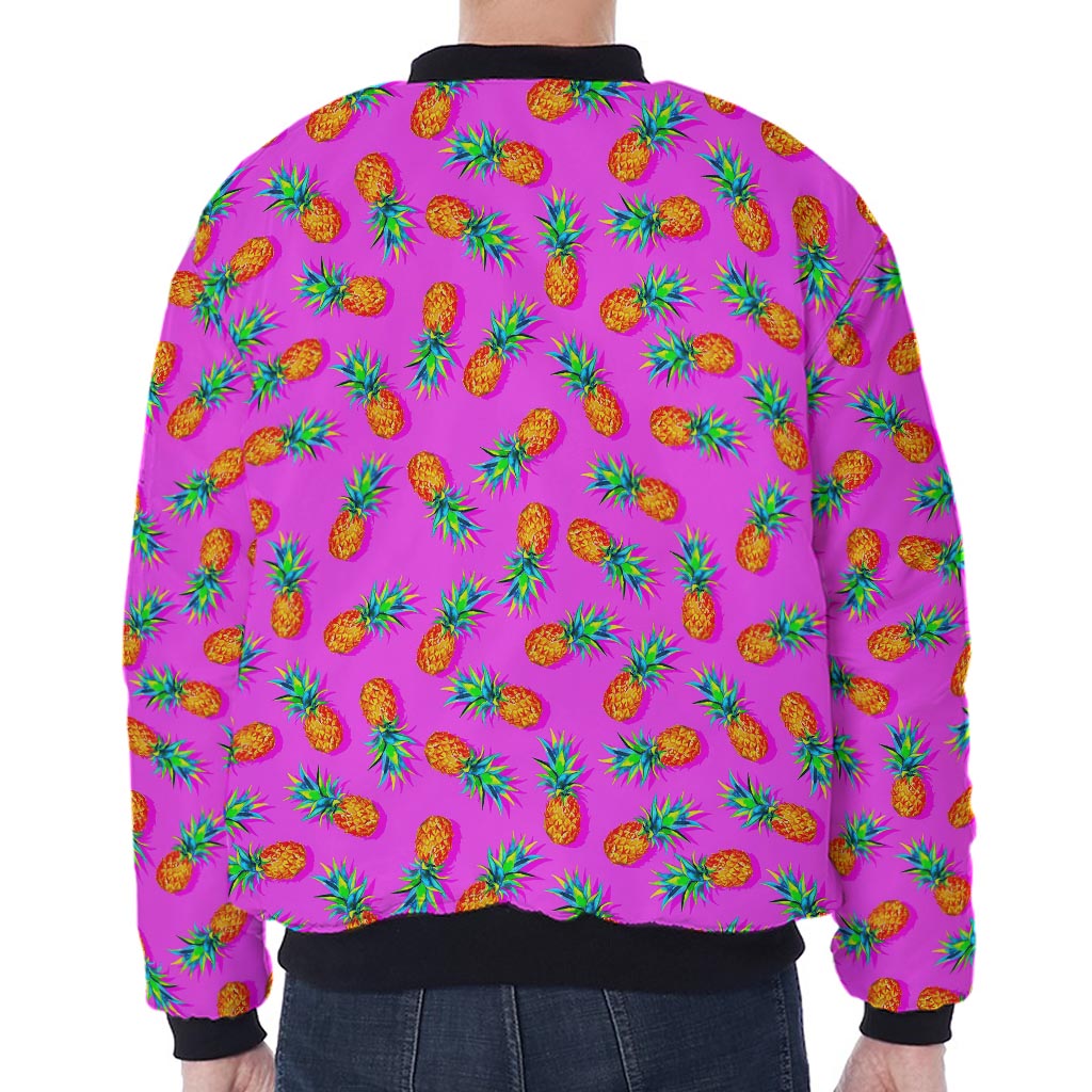 Hot Pink Pineapple Pattern Print Zip Sleeve Bomber Jacket