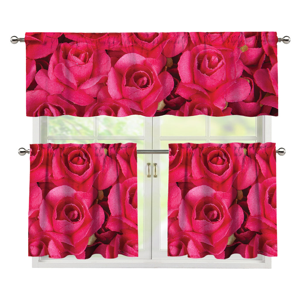 Hot Pink Rose Print 3 Piece Kitchen Curtains