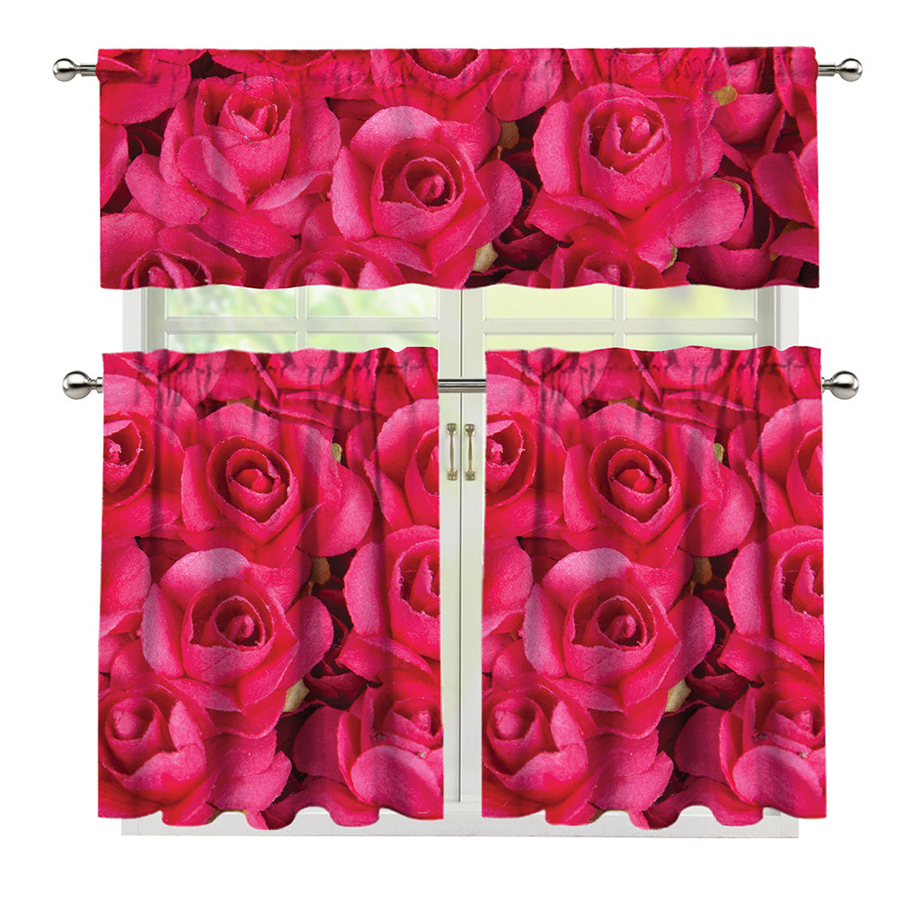 Hot Pink Rose Print 3 Piece Kitchen Curtains