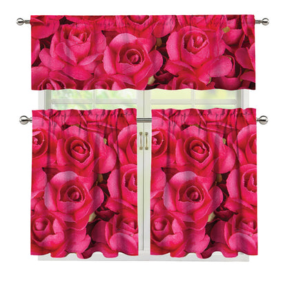 Hot Pink Rose Print 3 Piece Kitchen Curtains