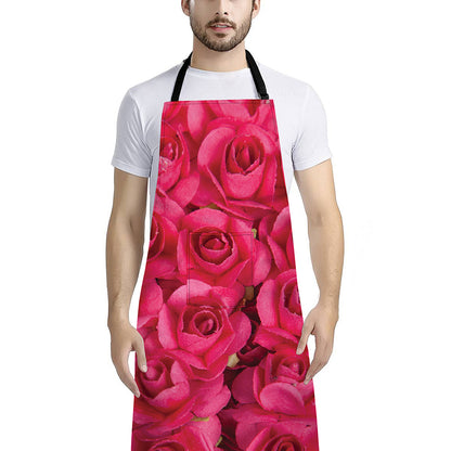 Hot Pink Rose Print Bib Apron With Pocket