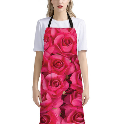 Hot Pink Rose Print Bib Apron With Pocket