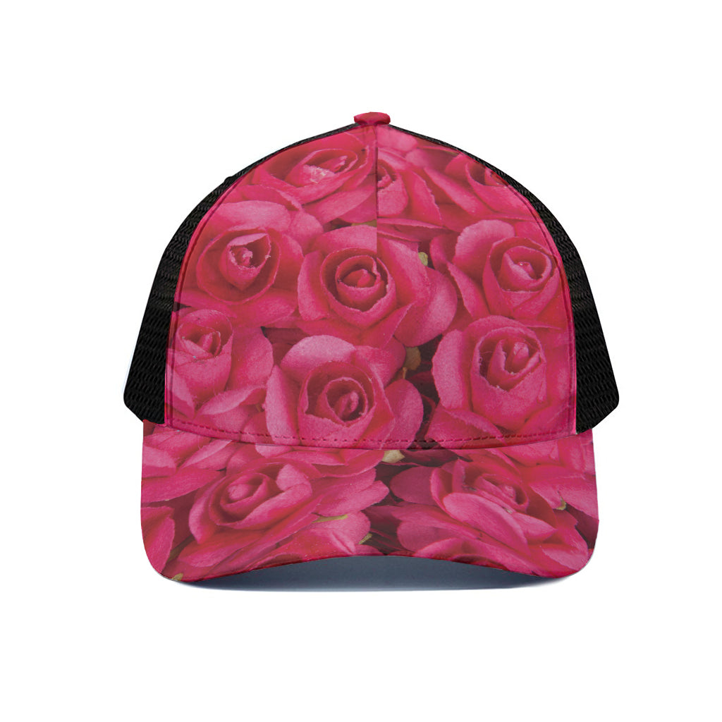 Hot Pink Rose Print Black Mesh Trucker Cap