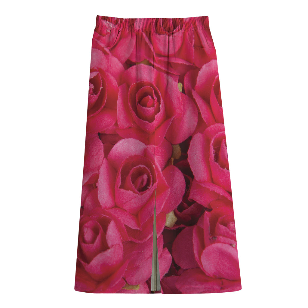 Hot Pink Rose Print Cotton Front Slit Maxi Skirt