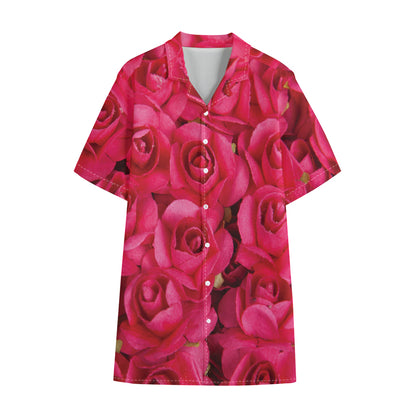 Hot Pink Rose Print Cotton Hawaiian Shirt