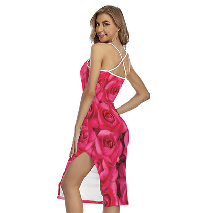 Hot Pink Rose Print Cross Back Cami Dress