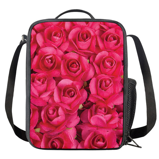 Hot Pink Rose Print Crossbody Lunch Bag