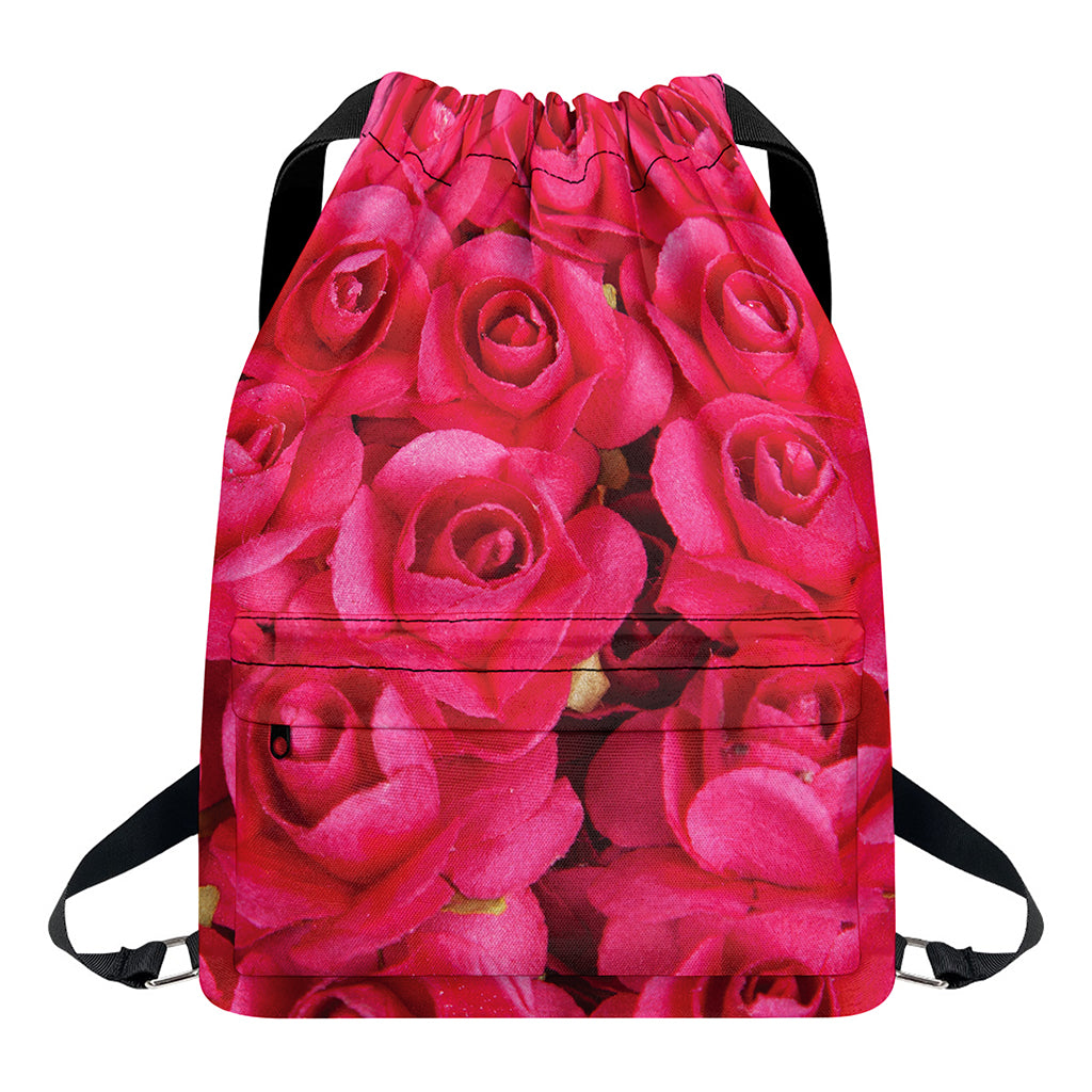 Hot Pink Rose Print Drawstring Backpack