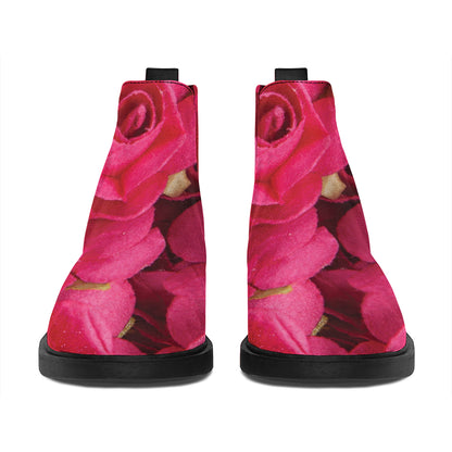 Hot Pink Rose Print Flat Ankle Boots