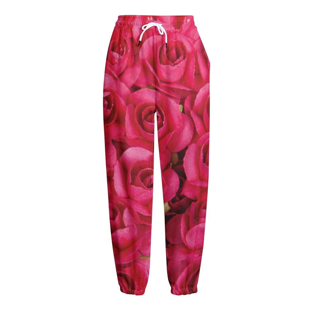 Hot Pink Rose Print Fleece Lined Knit Pants