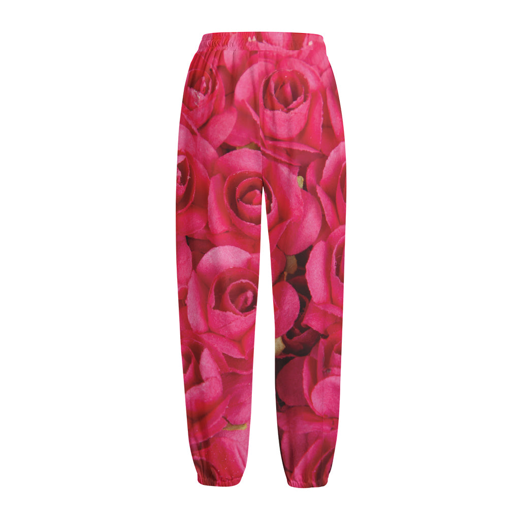 Hot Pink Rose Print Fleece Lined Knit Pants