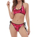 Hot Pink Rose Print Halter Scoop Tie Side Bikini