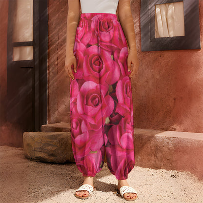 Hot Pink Rose Print Harem Pants