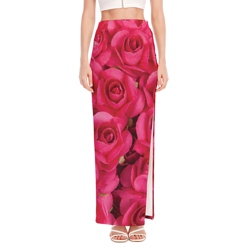 Hot Pink Rose Print High Slit Maxi Skirt