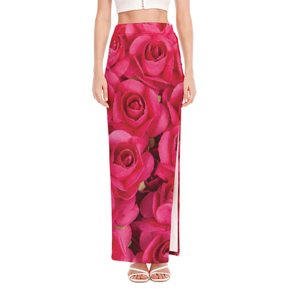 Hot Pink Rose Print High Slit Maxi Skirt