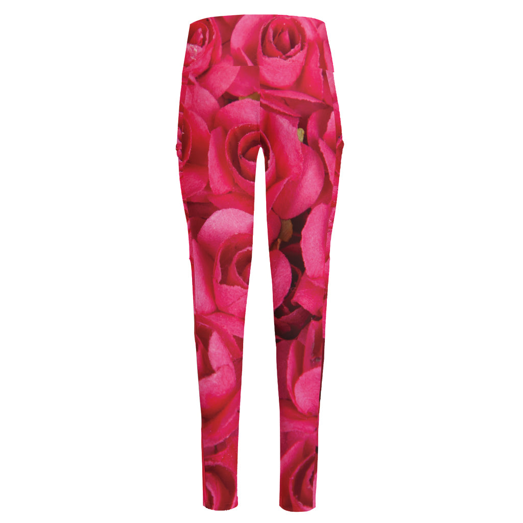 Hot Pink Rose Print High-Waisted Pocket Leggings