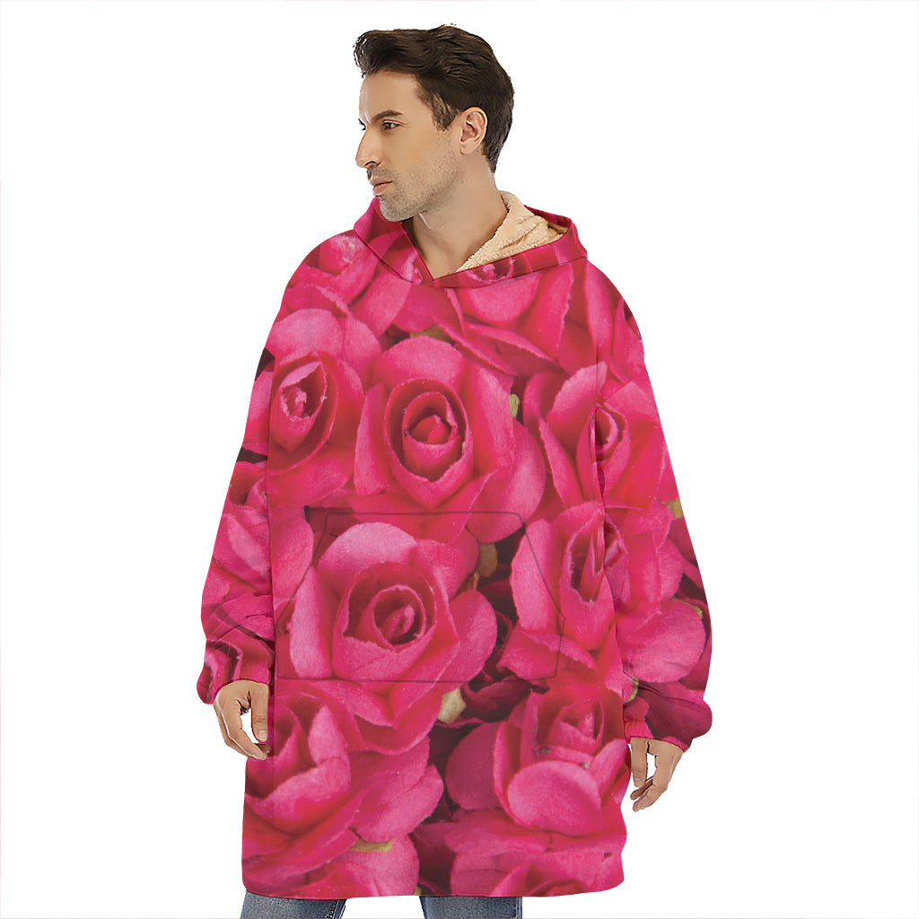 Hot Pink Rose Print Hoodie Blanket