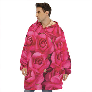 Hot Pink Rose Print Hoodie Blanket GearFrost