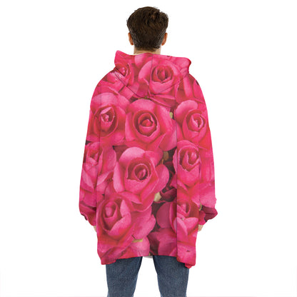 Hot Pink Rose Print Hoodie Blanket