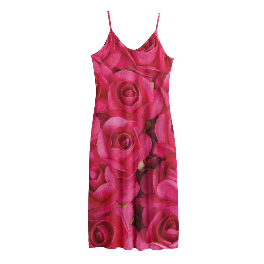 Hot Pink Rose Print Jersey Midi Cami Dress