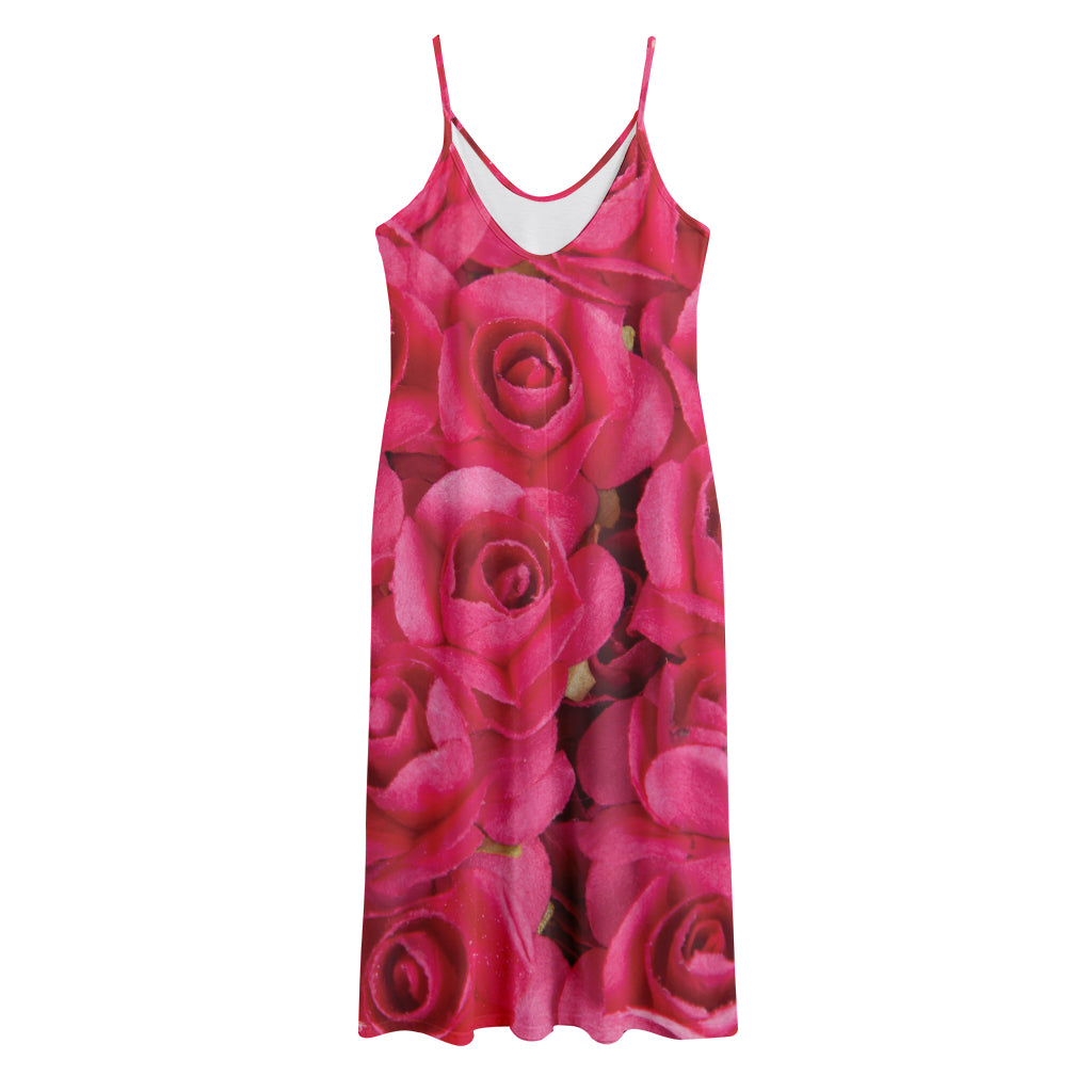 Hot Pink Rose Print Jersey Midi Cami Dress