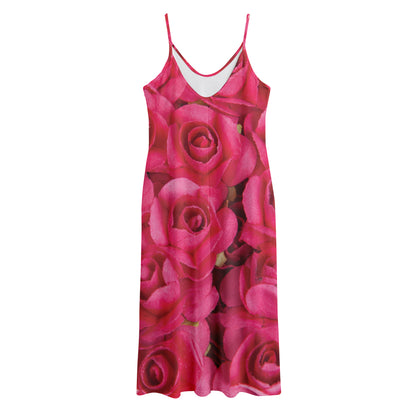 Hot Pink Rose Print Jersey Midi Cami Dress