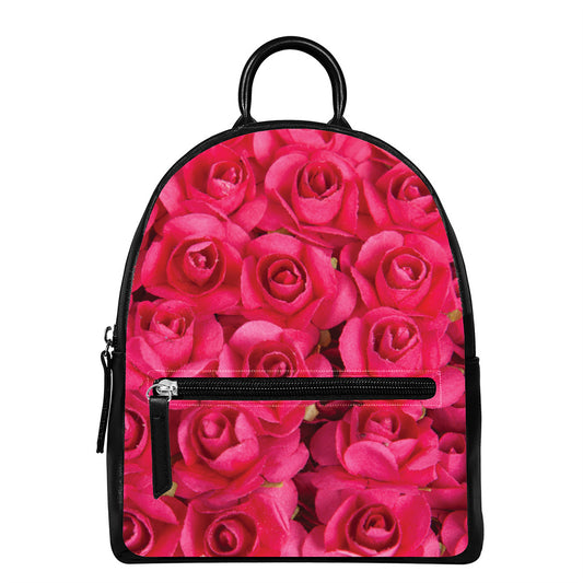 Hot Pink Rose Print Leather Backpack