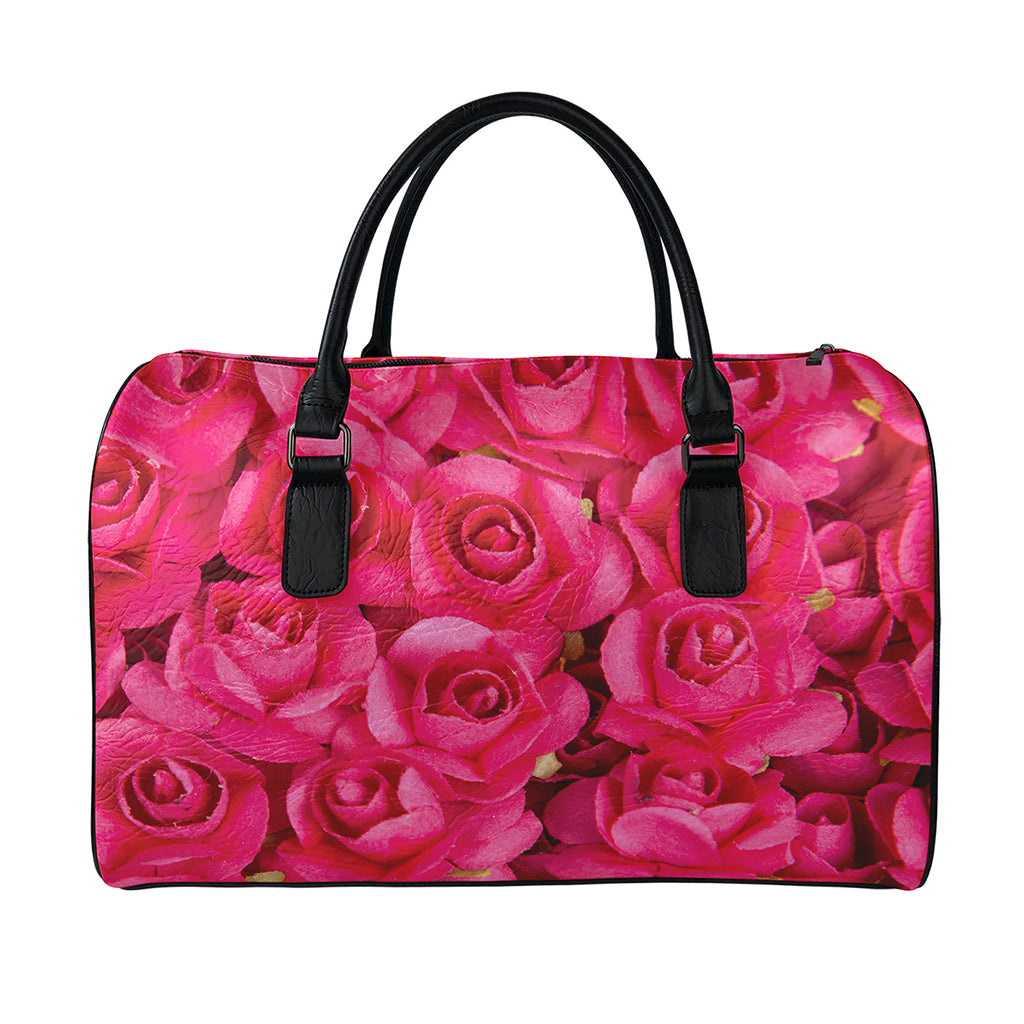 Hot Pink Rose Print Leather Duffle Bag