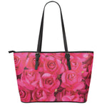 Hot Pink Rose Print Leather Tote Bag