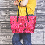 Hot Pink Rose Print Leather Tote Bag