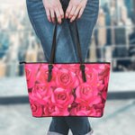 Hot Pink Rose Print Leather Tote Bag