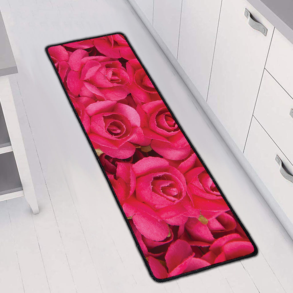 Hot Pink Rose Print Long Kitchen Mat