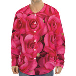 Hot Pink Rose Print Long Sleeve Baseball Jersey