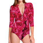 Hot Pink Rose Print Long Sleeve Swimsuit