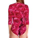 Hot Pink Rose Print Long Sleeve Swimsuit