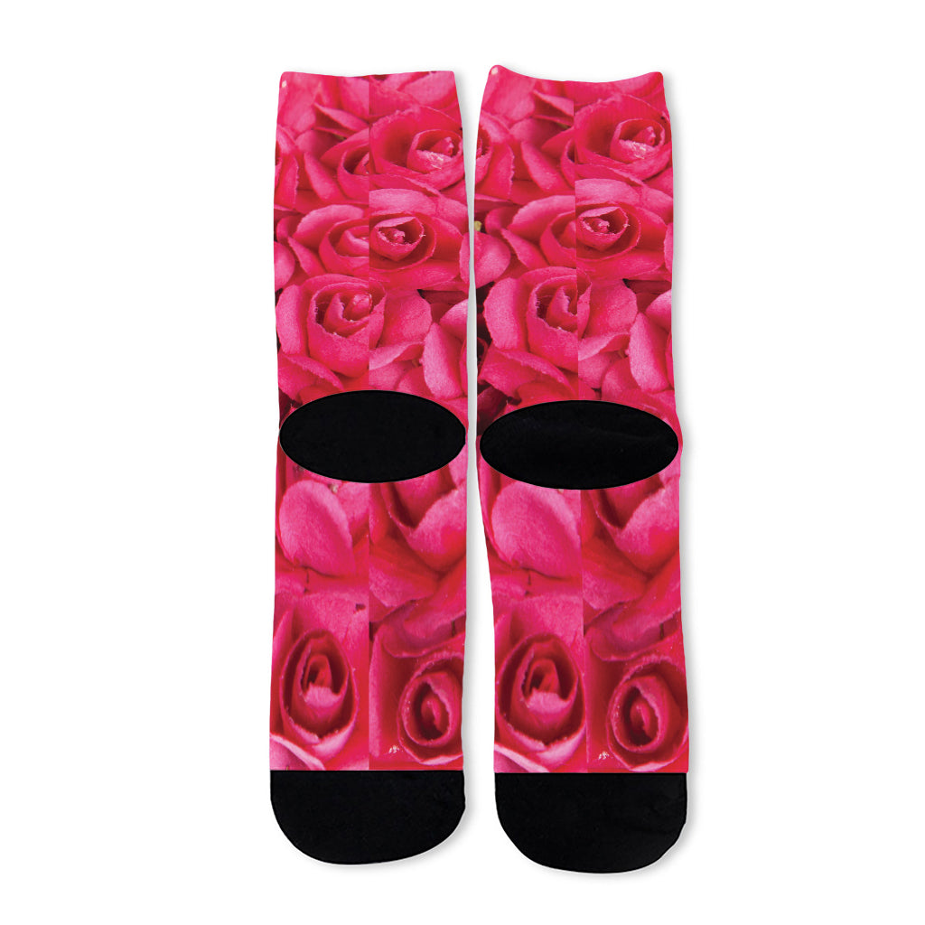 Hot Pink Rose Print Long Socks