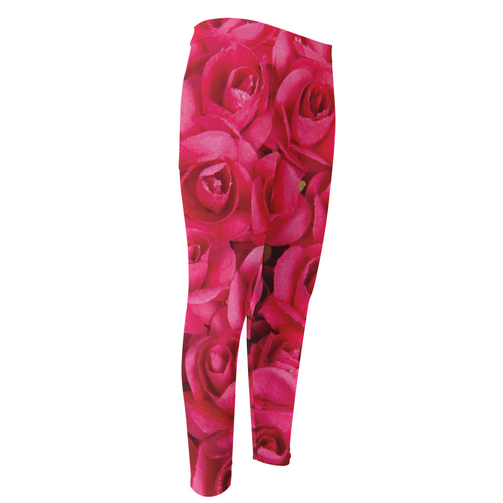 Hot Pink Rose Print Men's Compression Pants