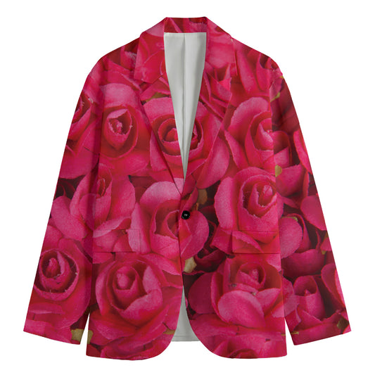 Hot Pink Rose Print Men's Cotton Blazer