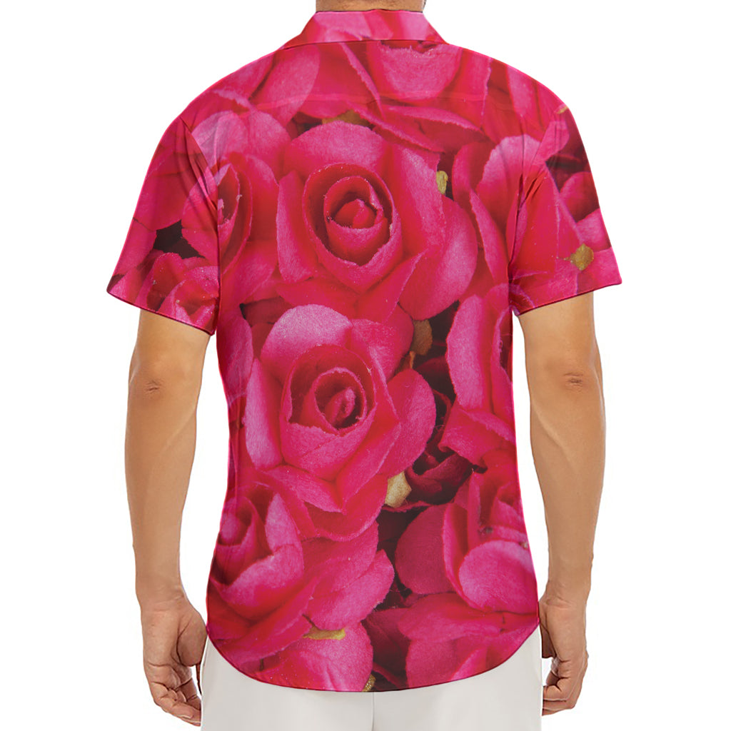Hot Pink Rose Print Men's Deep V-Neck Shirt