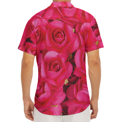 Hot Pink Rose Print Men's Deep V-Neck Shirt